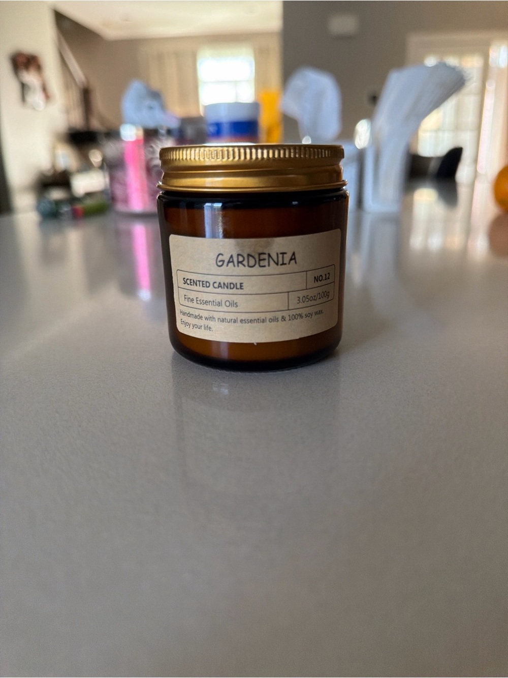 New Gardenia Scented Candle - Amber Glass Jar with Gold Lid / 100 grams